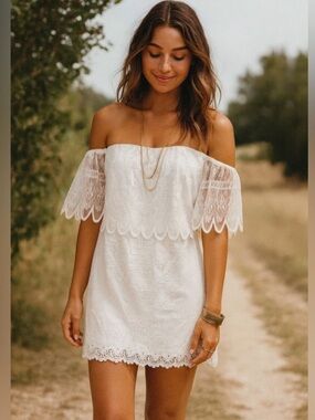 Jen's Pirate Booty off White Lace Mini Dress with Scalloped Lacey Cape S